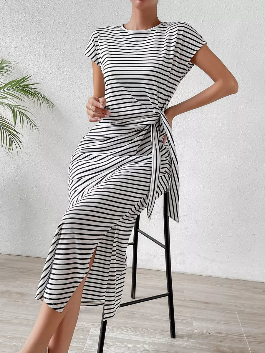 Striped midi dress with tie-side detail and thigh-high slit