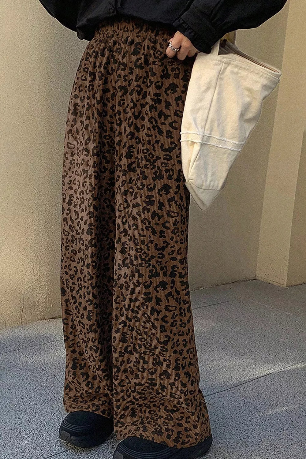 Leopard Print Elastic High Waist Corduroy Pants option 4