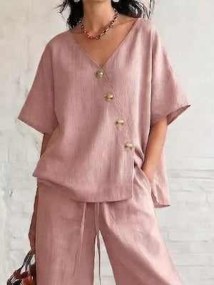 Full Size Surplice Half Sleeve Top And Wide-leg Pants Set in Orange-red