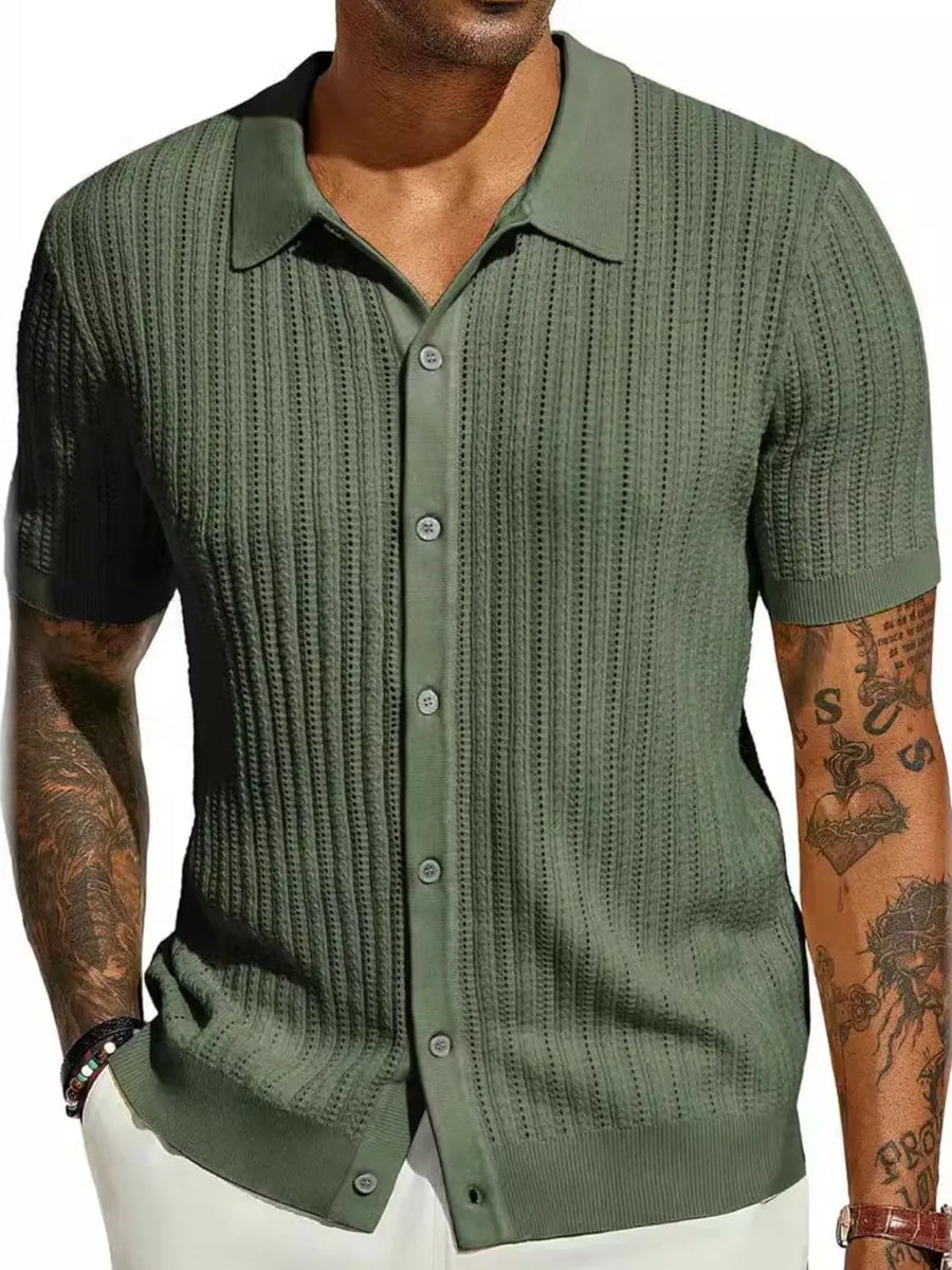 Moss green textured knit polo shirt with openwork detail and button front.