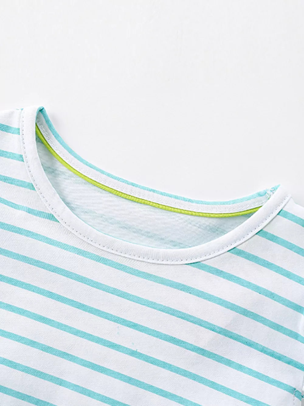 Baby girls' striped cotton dress with aqua and white stripes and a lime green trim.