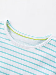 Baby girls' striped cotton dress with aqua and white stripes and a lime green trim.