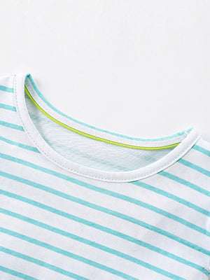 Baby girls' striped cotton dress with aqua and white stripes and a lime green trim.