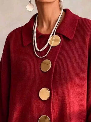 Gold Button Lantern Sleeve Cardigan Plus Size in cream with buttoned