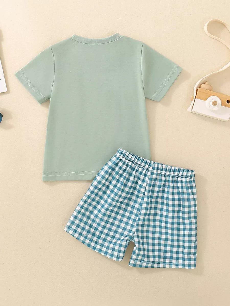 Baby cotton set with mint green t-shirt and blue gingham shorts.