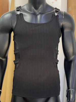 Black ribbed tank top with cutout sides and metal strap details.