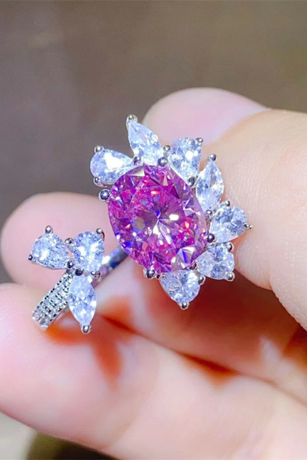 Blossom Halo Pink Crystal Ring with butterfly design and clear accent stones.