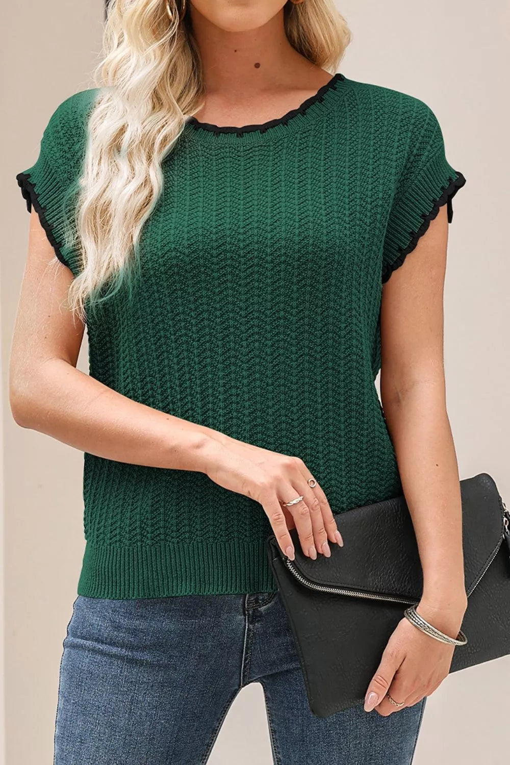 Dark Green Textured Knit Sleeveless Sweater Vest