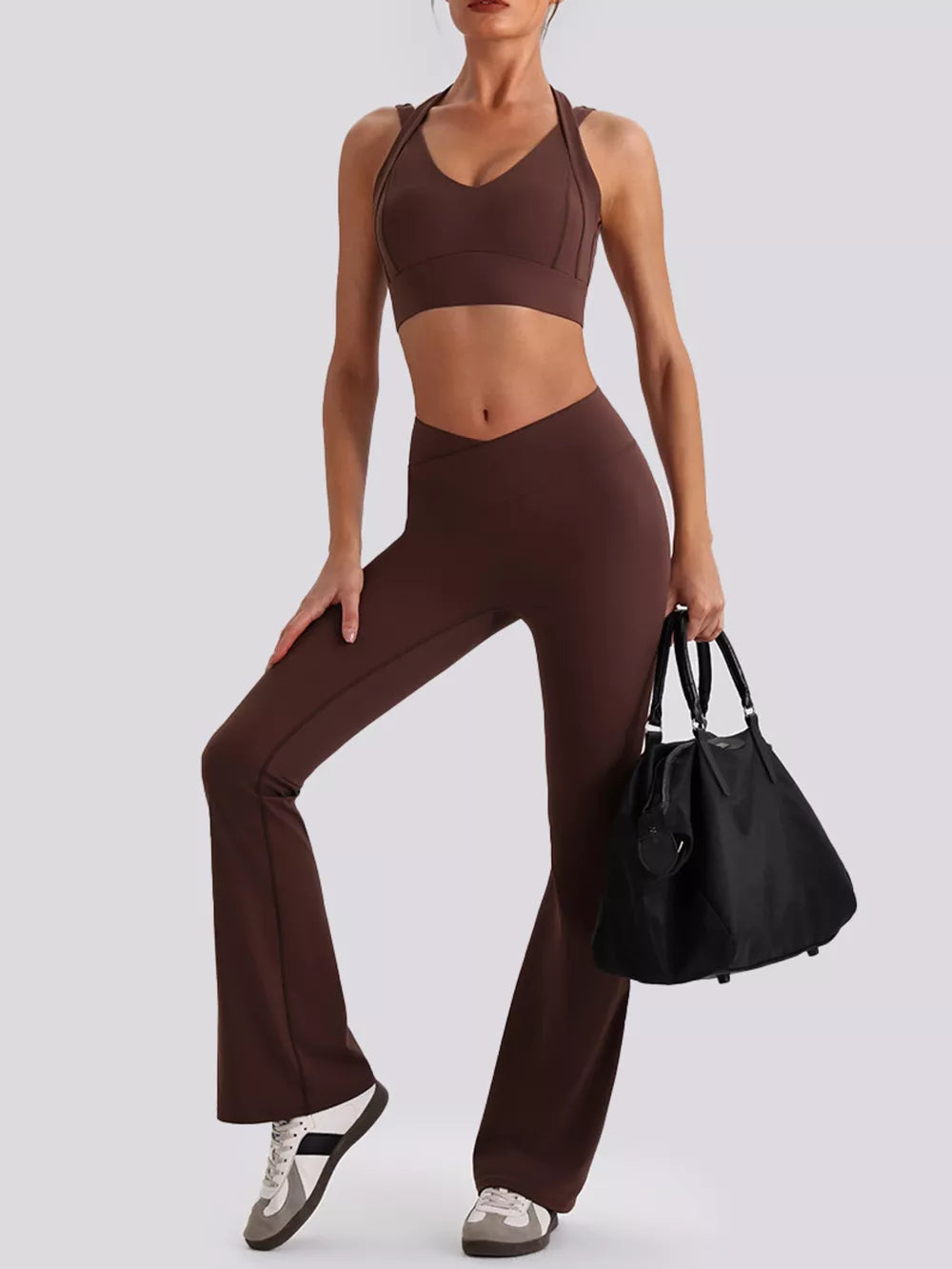 Dark purple fitted activewear set with v-neck