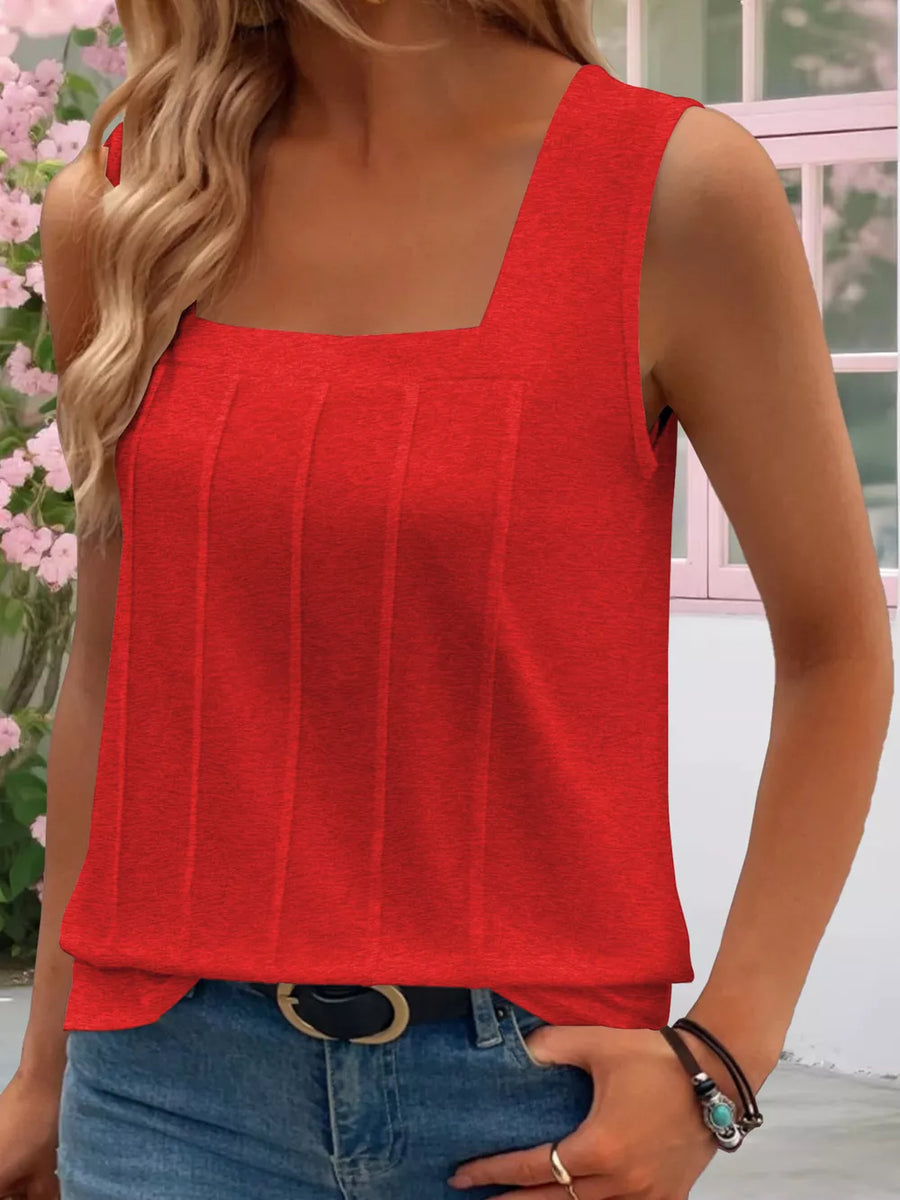Red square neck tank top with vertical pintuck details and a comfortable fit.