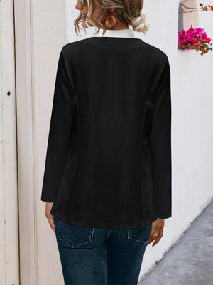 Black suede-effect open front blazer with long sleeves and a relaxed fit.