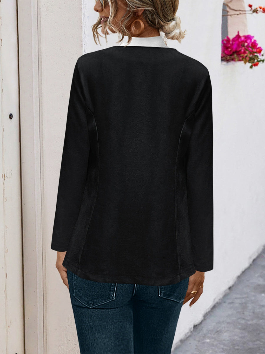 Black suede-effect open front blazer with long sleeves and a relaxed fit.