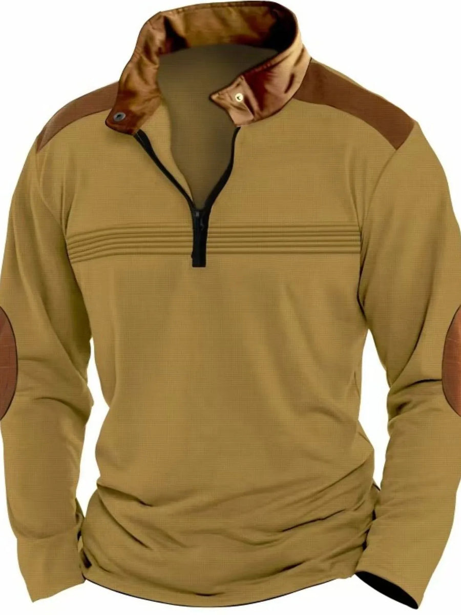 Khaki quarter-zip pullover with contrast elbow patches and collar, and horizontal chest stripes.