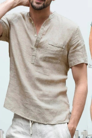 Linen henley shirt in Khaki with short sleeves, band collar, and chest pocket.