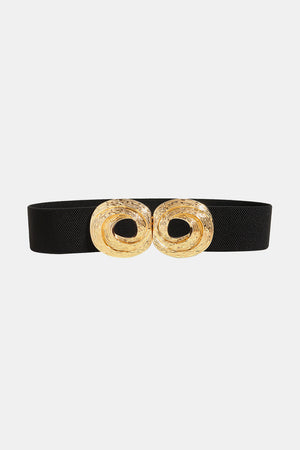 Black elastic belt with a double gold sculptural buckle