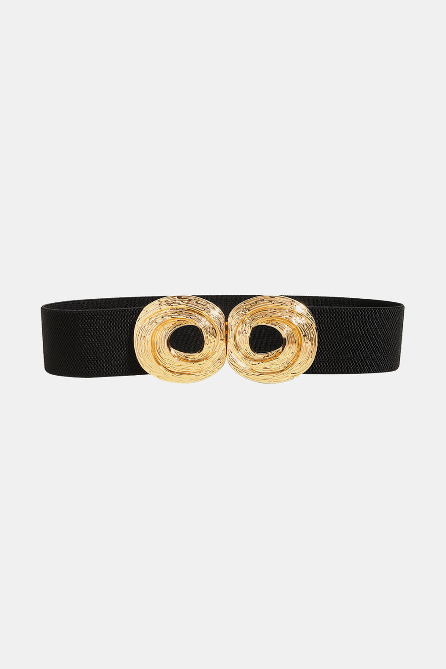 Black elastic belt with a double gold sculptural buckle