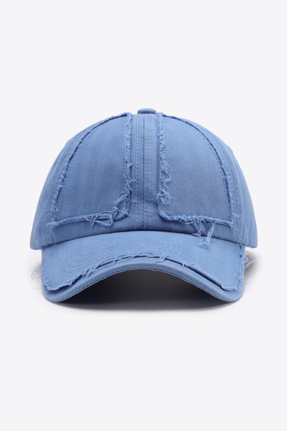 Raw edge denim baseball cap in Cobalt Blue with distressed details