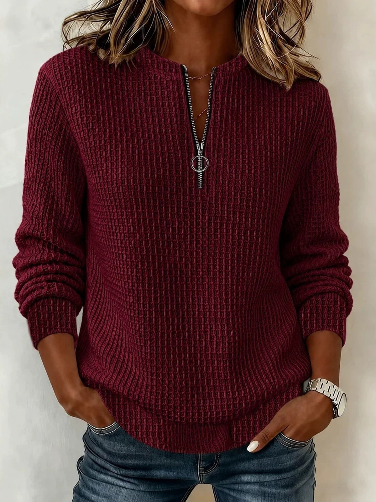 Pink sweatshirt with quarter-zip and waffle-knit