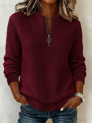 Pink sweatshirt with quarter-zip and waffle-knit