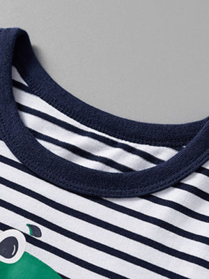Toddler striped cotton t-shirt with dinosaur graphic and navy neckline