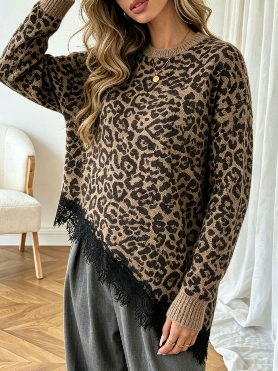 Round Neck Sweater With Asymmetric Lace Hem in black with lace