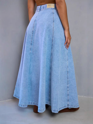 Light blue denim A-line maxi skirt with a high waist and visible seams.