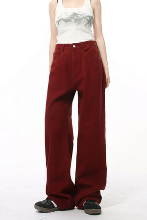 Burgundy wide-leg denim jeans with a relaxed fit and utility pockets.