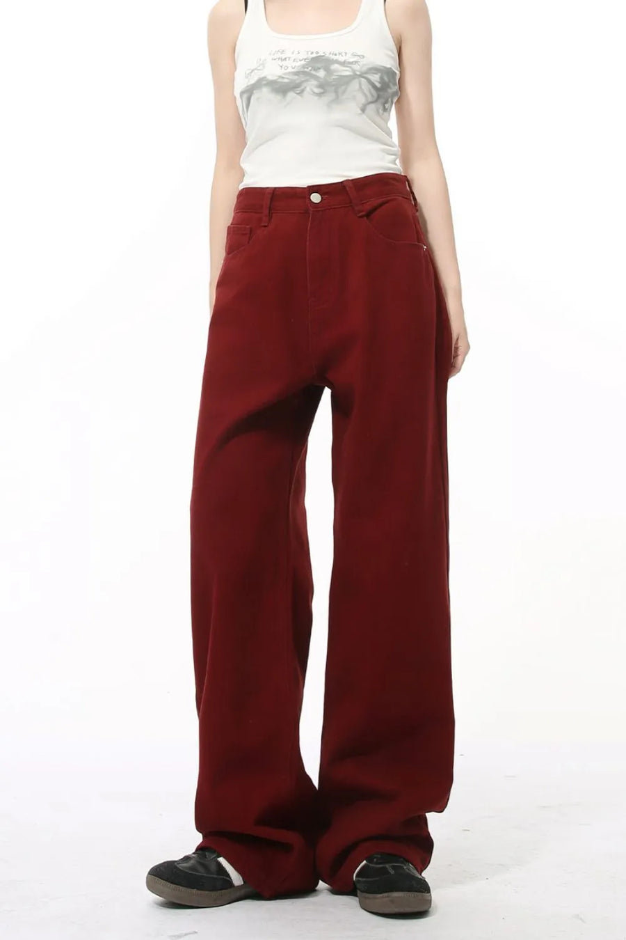 Burgundy wide-leg denim jeans with a relaxed fit and utility pockets.