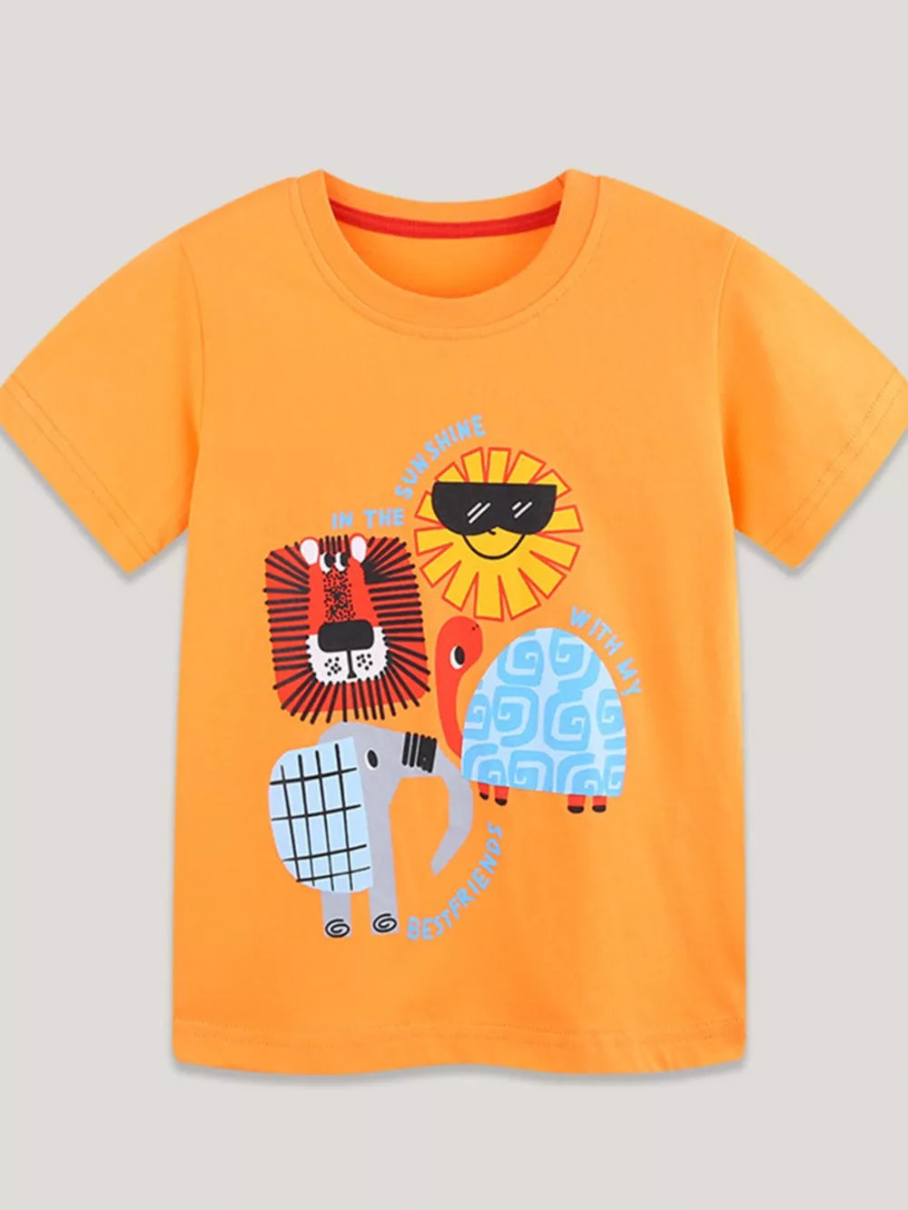 Orange cotton t-shirt with safari animal graphics and sunshine text for kids.