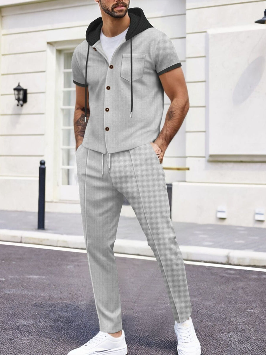 White Men's Short-sleeve Hooded Top And Shorts Set