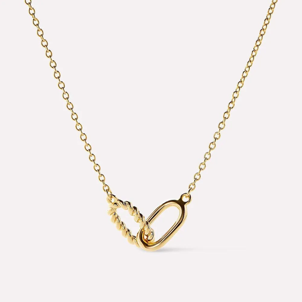 Gold interlocked link necklace with a twisted detail on one link.
