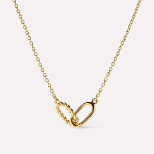 Gold interlocked link necklace with a twisted detail on one link.