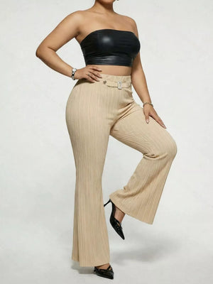 Ribbed high-waist flare maternity trousers in tan with a buckle detail.