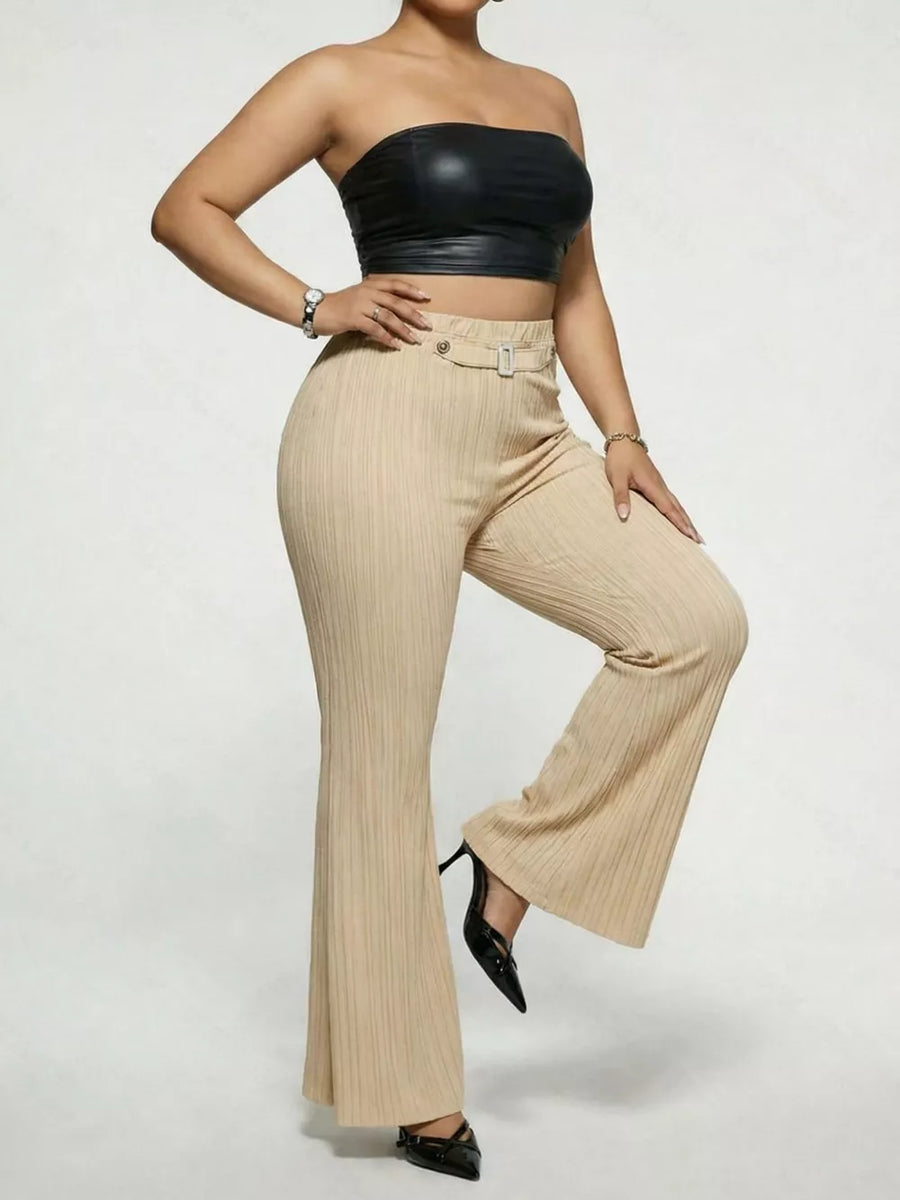 Ribbed high-waist flare maternity trousers in tan with a buckle detail.