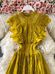 Yellow lace maxi dress with ruffled sleeves and pleated waist