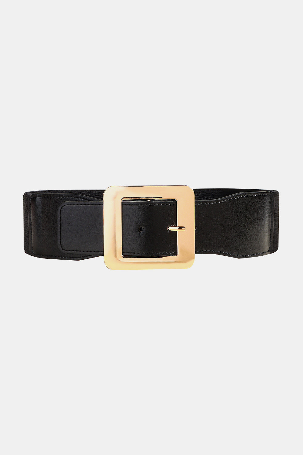 Black vegan leather belt with wide square gold buckle