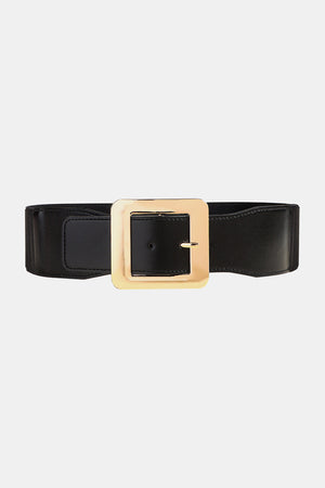Black vegan leather belt with wide square gold buckle