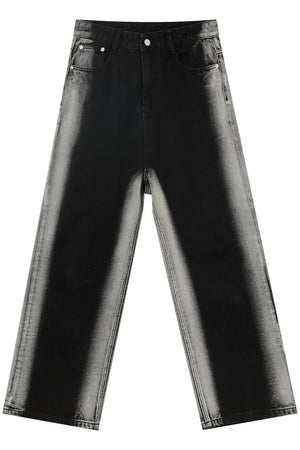 Dark wide leg jeans with faded side panels and a relaxed fit.