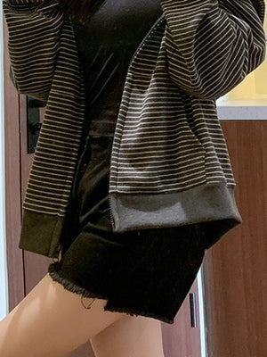 Relaxed Striped Zip-Up Hoodie in Dark Gray with zipper