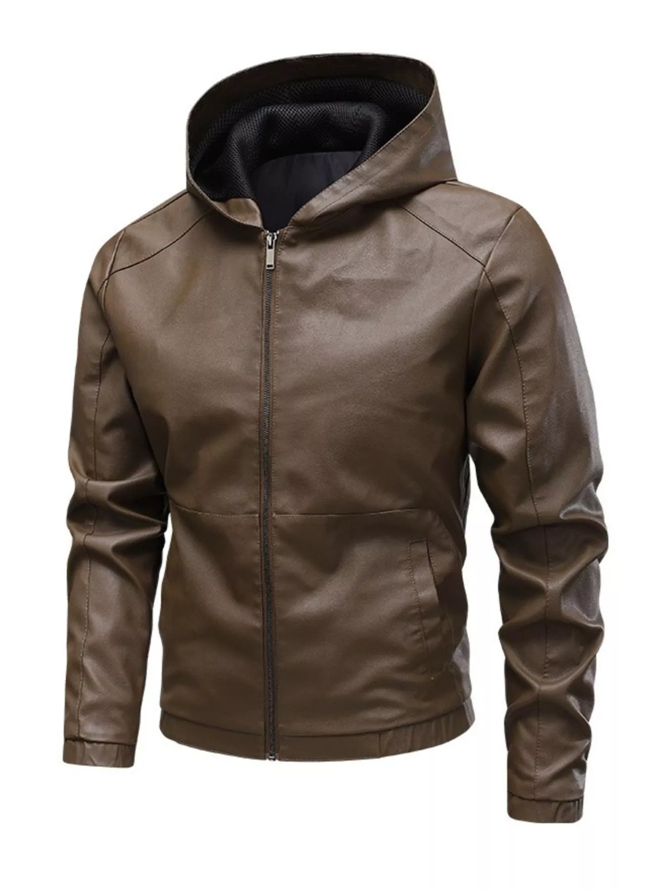 Men's brown faux leather hooded moto jacket with zip closure and pockets.