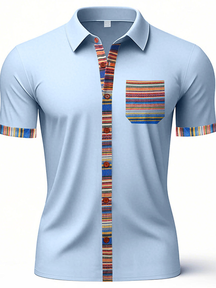 Light blue short sleeve men's cotton shirt with colorful striped trim on placket, pocket, and cuffs.