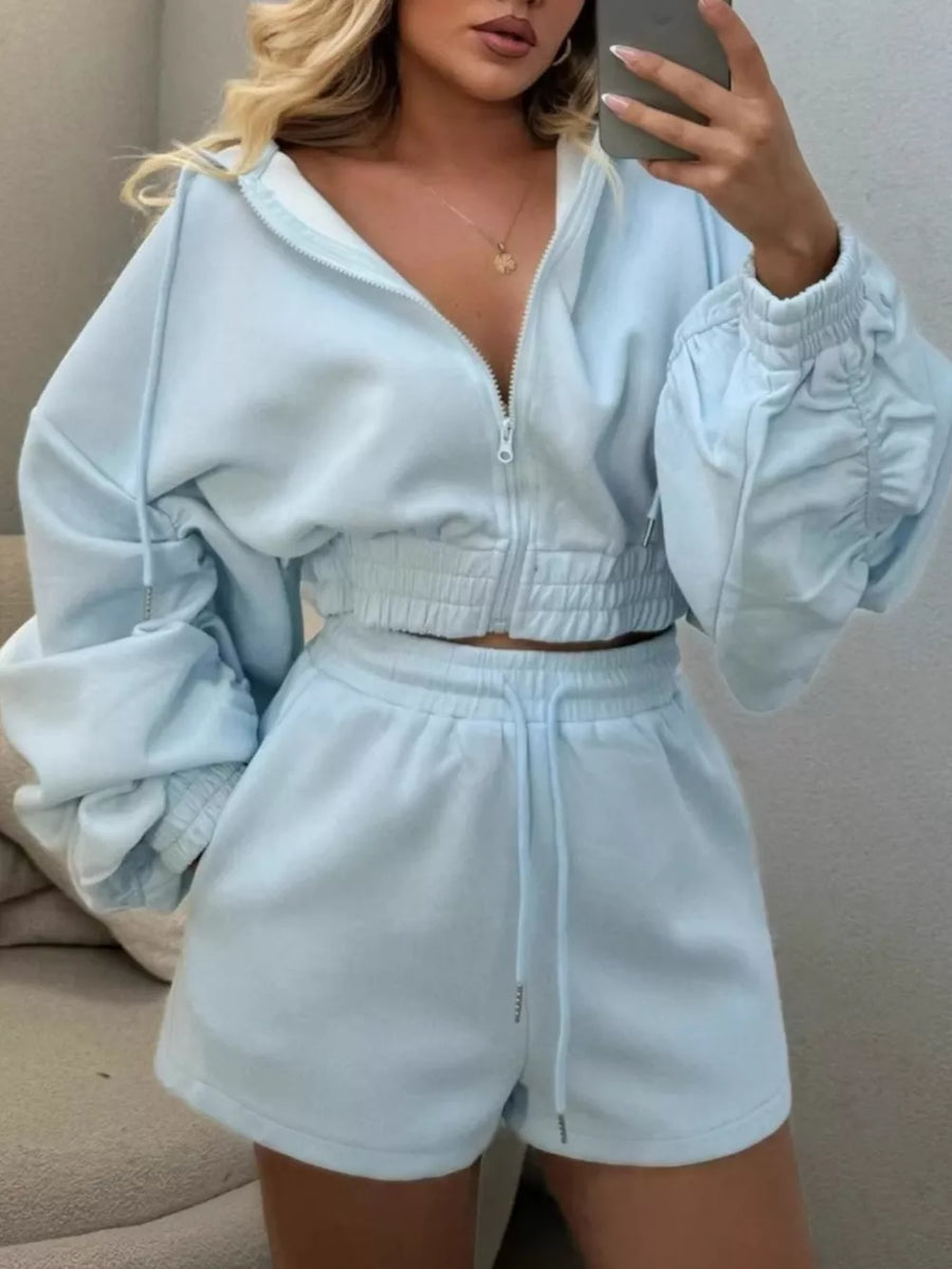 Zip Up Drawstring Outerwear And Shorts Set in White