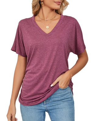 Burgundy relaxed V-neck short sleeve t-shirt with draping detail