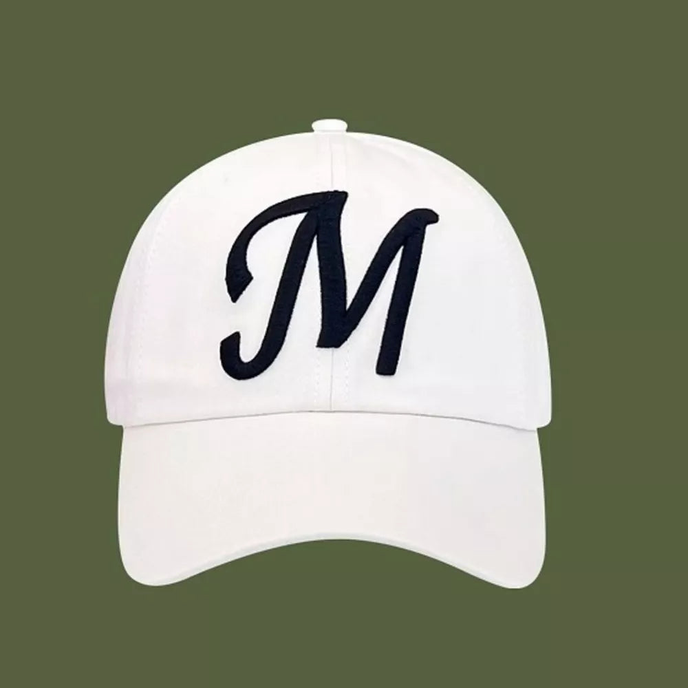 White baseball cap with embroidered black M detail