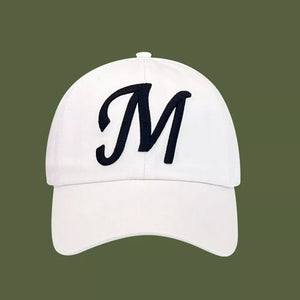 White baseball cap with embroidered black M detail
