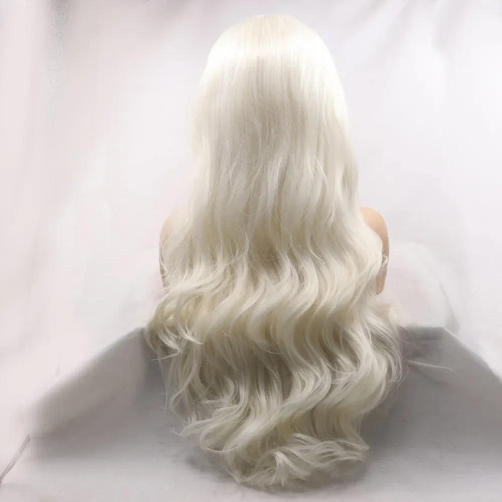 Arctic Siren lace front wig in white with long, wavy hair shown from the back.