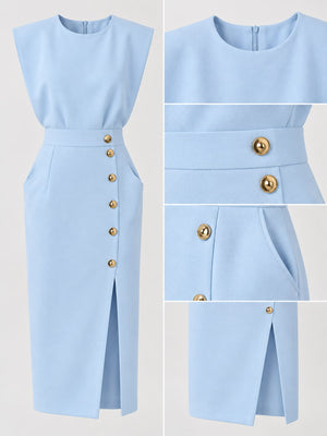 Sleeveless Midi Bodycon Dress With Gold Buttons in Blue