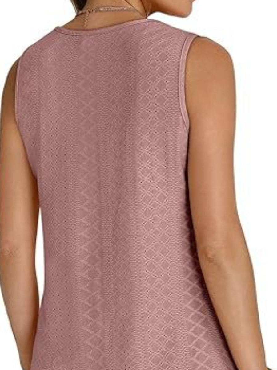Dusty pink eyelet V-neck sleeveless tank top with diamond pattern.