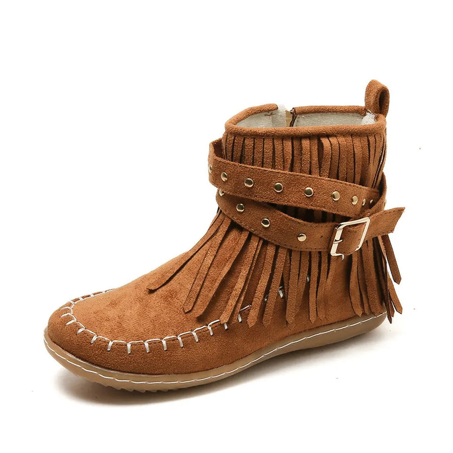 Caramel suede ankle boots with fringe, studs, and buckle strap detail.