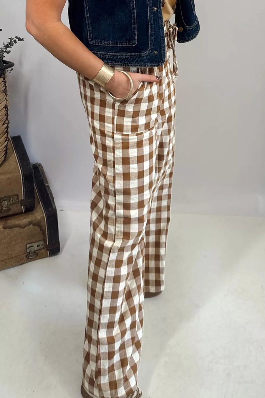 Gingham Plaid Tie Elastic Waist Shift Pants option 3